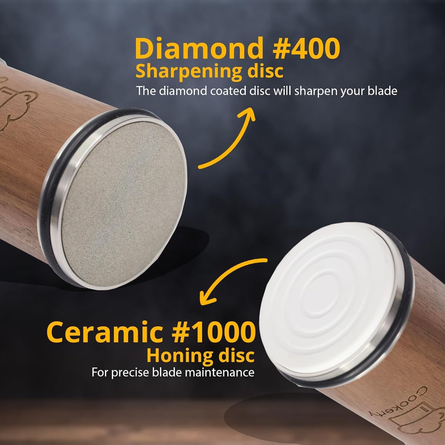 American Black Walnut Rolling Knife Sharpener - Kitchen Knife Sharpener with 4 Angles & Leather Strop - Afilador de Cuchillos SS304 Shaft - Sharpening Kit with Diamond-Coated & Ceramic Discs