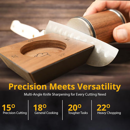 American Black Walnut Rolling Knife Sharpener - Kitchen Knife Sharpener with 4 Angles & Leather Strop - Afilador de Cuchillos SS304 Shaft - Sharpening Kit with Diamond-Coated & Ceramic Discs