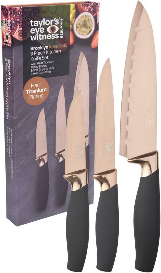 3pc Kitchen Knife Gift Set - Brooklyn . Rose Gold Colored Bolsters, Matching Finely Ground Razor Sharp Titanium Coated Blades. Soft Grip Handles. 2yr Peace of Mind
