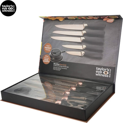 3pc Kitchen Knife Gift Set - Brooklyn . Rose Gold Colored Bolsters, Matching Finely Ground Razor Sharp Titanium Coated Blades. Soft Grip Handles. 2yr Peace of Mind