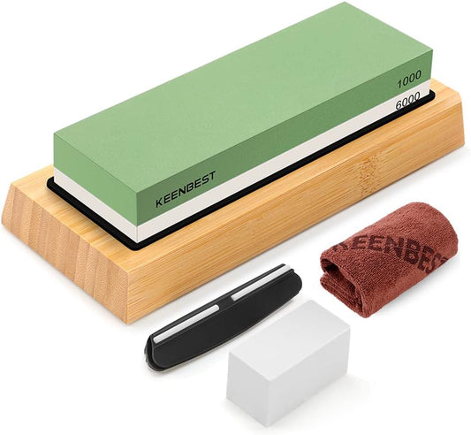 KEENBEST 1000 6000 Grit Whetstone Kitchen Knife Sharpening Stones 2 Side Water Wet Stone Sharpener Kit Japanese Wetstone Anti-Slip Base Angle Guide User Guidebook