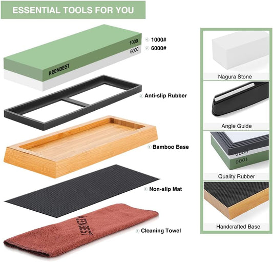 KEENBEST 1000 6000 Grit Whetstone Kitchen Knife Sharpening Stones 2 Side Water Wet Stone Sharpener Kit Japanese Wetstone Anti-Slip Base Angle Guide User Guidebook