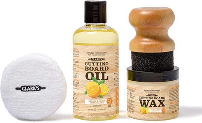 Food Grade Cutting Board Full Care Kit, Orange Lemon Scent - 4 Pack | Includes Food Grade Mineral Oil, Cutting Board Wax, Oil & Wax Applicators, Buffing Pads - Restores & Protects
