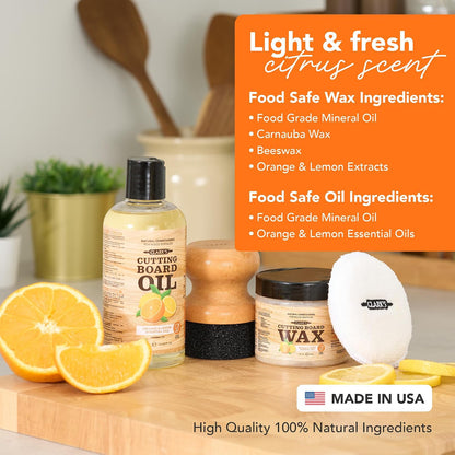 Food Grade Cutting Board Full Care Kit, Orange Lemon Scent - 4 Pack | Includes Food Grade Mineral Oil, Cutting Board Wax, Oil & Wax Applicators, Buffing Pads - Restores & Protects