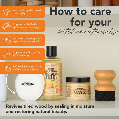 Food Grade Cutting Board Full Care Kit, Orange Lemon Scent - 4 Pack | Includes Food Grade Mineral Oil, Cutting Board Wax, Oil & Wax Applicators, Buffing Pads - Restores & Protects