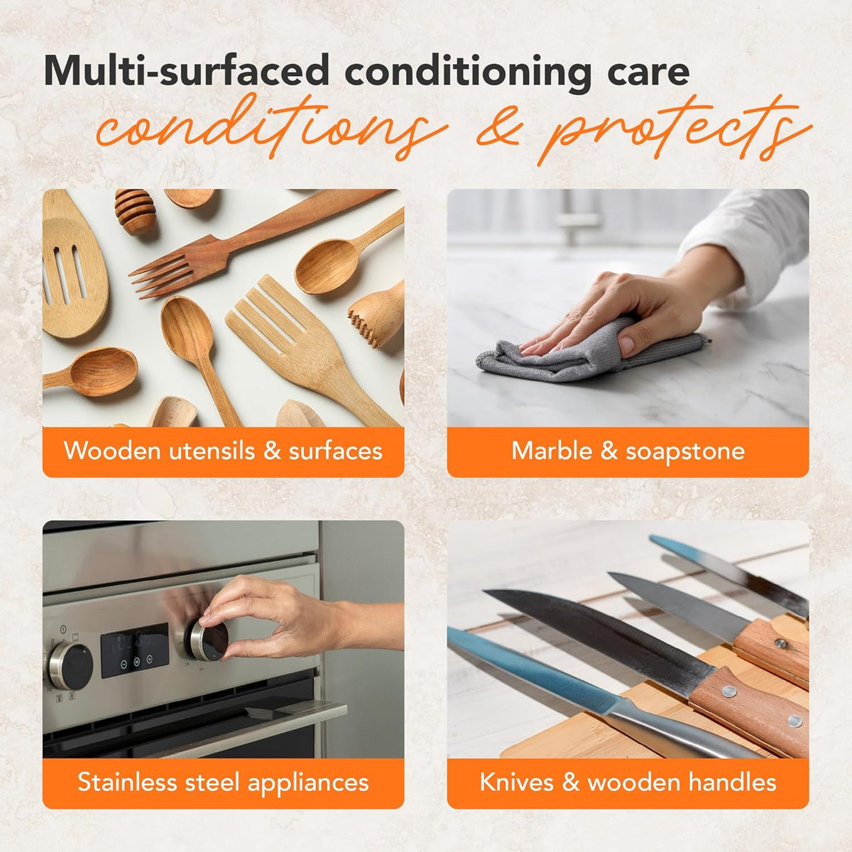 Food Grade Cutting Board Full Care Kit, Orange Lemon Scent - 4 Pack | Includes Food Grade Mineral Oil, Cutting Board Wax, Oil & Wax Applicators, Buffing Pads - Restores & Protects