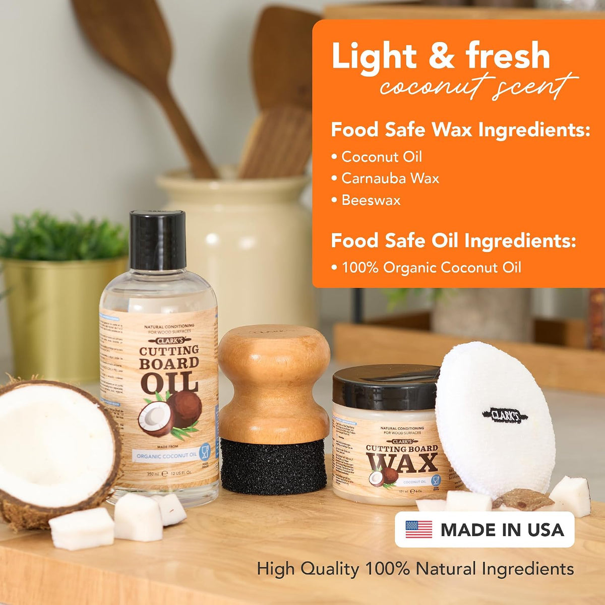 Food Grade Cutting Board Full Care Kit, Orange Lemon Scent - 4 Pack | Includes Food Grade Mineral Oil, Cutting Board Wax, Oil & Wax Applicators, Buffing Pads - Restores & Protects