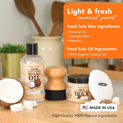 Food Grade Cutting Board Full Care Kit, Orange Lemon Scent - 4 Pack | Includes Food Grade Mineral Oil, Cutting Board Wax, Oil & Wax Applicators, Buffing Pads - Restores & Protects