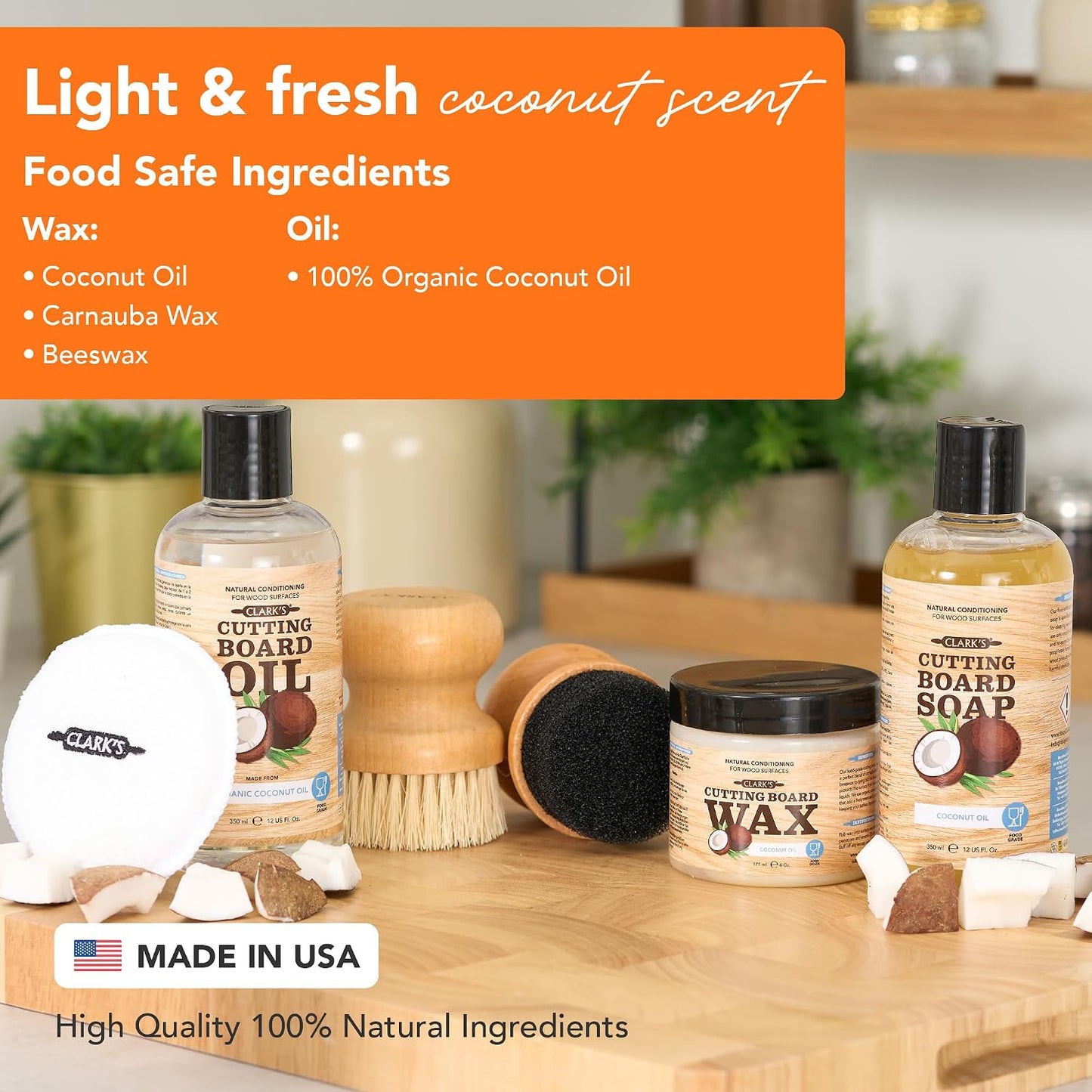 Food Grade Cutting Board Full Care Kit, Orange Lemon Scent - 4 Pack | Includes Food Grade Mineral Oil, Cutting Board Wax, Oil & Wax Applicators, Buffing Pads - Restores & Protects