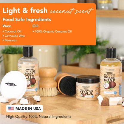 Food Grade Cutting Board Full Care Kit, Orange Lemon Scent - 4 Pack | Includes Food Grade Mineral Oil, Cutting Board Wax, Oil & Wax Applicators, Buffing Pads - Restores & Protects