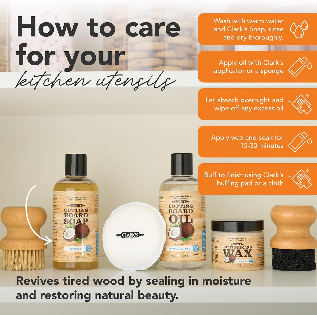 Food Grade Cutting Board Full Care Kit, Orange Lemon Scent - 4 Pack | Includes Food Grade Mineral Oil, Cutting Board Wax, Oil & Wax Applicators, Buffing Pads - Restores & Protects