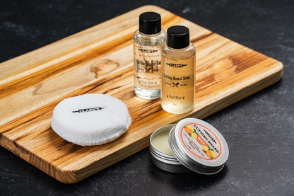 Food Grade Cutting Board Full Care Kit, Orange Lemon Scent - 4 Pack | Includes Food Grade Mineral Oil, Cutting Board Wax, Oil & Wax Applicators, Buffing Pads - Restores & Protects