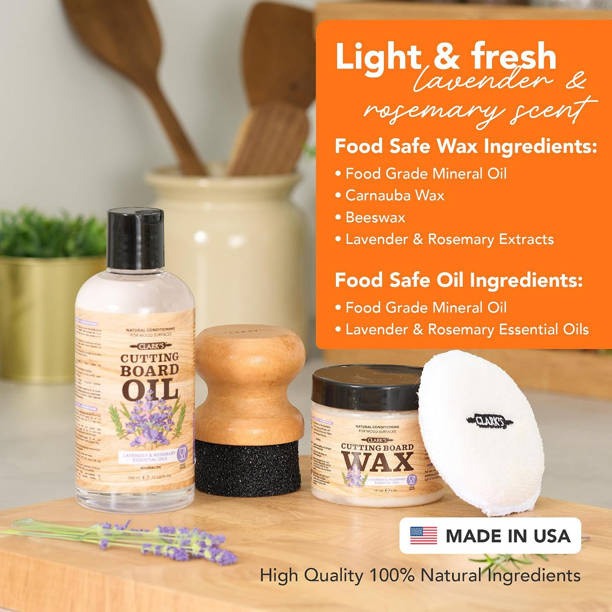 Food Grade Cutting Board Full Care Kit, Orange Lemon Scent - 4 Pack | Includes Food Grade Mineral Oil, Cutting Board Wax, Oil & Wax Applicators, Buffing Pads - Restores & Protects