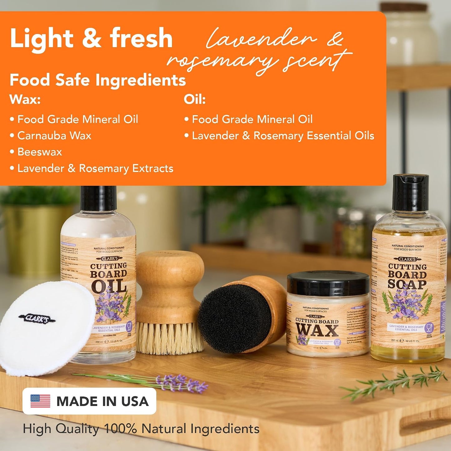 Food Grade Cutting Board Full Care Kit, Orange Lemon Scent - 4 Pack | Includes Food Grade Mineral Oil, Cutting Board Wax, Oil & Wax Applicators, Buffing Pads - Restores & Protects