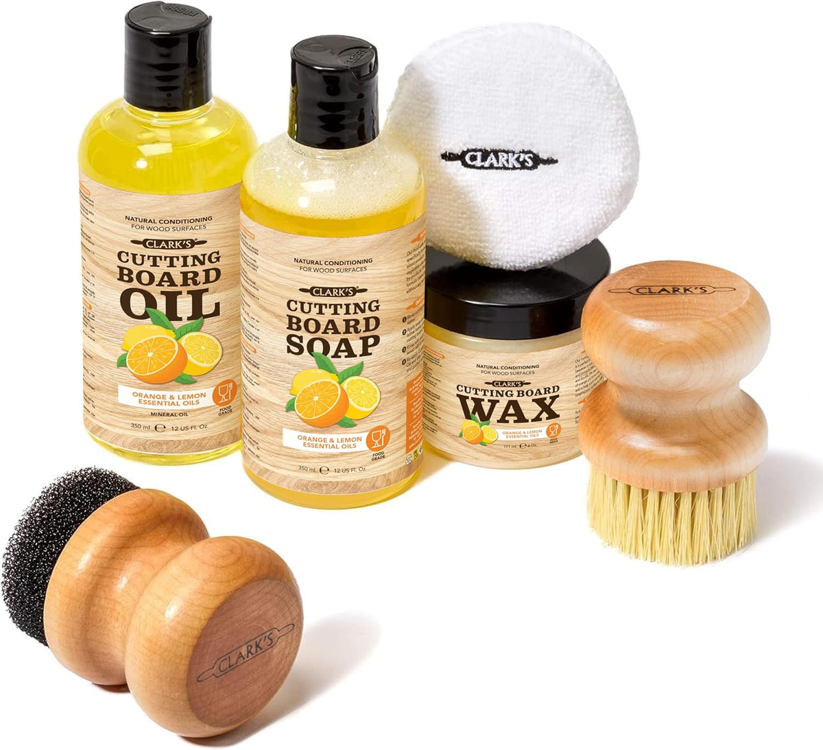 Food Grade Cutting Board Full Care Kit, Orange Lemon Scent - 4 Pack | Includes Food Grade Mineral Oil, Cutting Board Wax, Oil & Wax Applicators, Buffing Pads - Restores & Protects