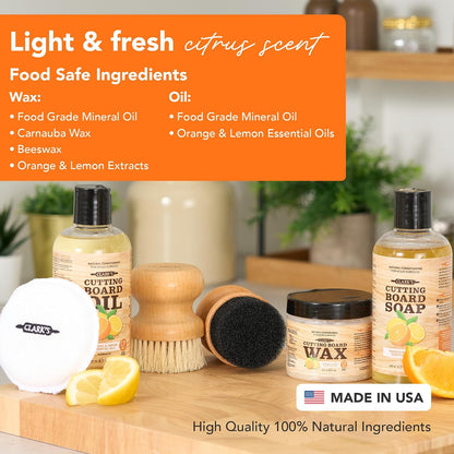 Food Grade Cutting Board Full Care Kit, Orange Lemon Scent - 4 Pack | Includes Food Grade Mineral Oil, Cutting Board Wax, Oil & Wax Applicators, Buffing Pads - Restores & Protects