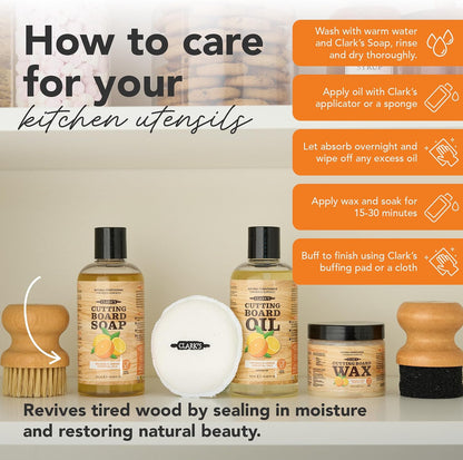Food Grade Cutting Board Full Care Kit, Orange Lemon Scent - 4 Pack | Includes Food Grade Mineral Oil, Cutting Board Wax, Oil & Wax Applicators, Buffing Pads - Restores & Protects