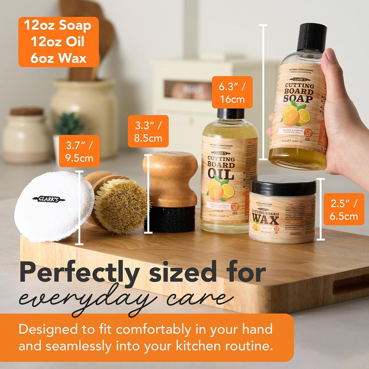 Food Grade Cutting Board Full Care Kit, Orange Lemon Scent - 4 Pack | Includes Food Grade Mineral Oil, Cutting Board Wax, Oil & Wax Applicators, Buffing Pads - Restores & Protects