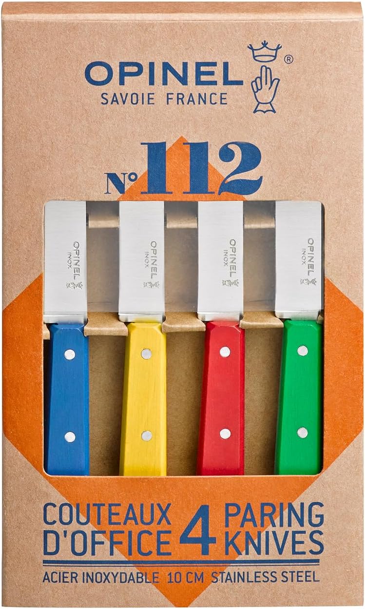 No. 112 Paring Knives Box Set, 4 Piece Paring Knife Set, High Carbon Steel for Chopping, Peeling, Slicing, Trimming, Painted Hornbeam Handles, Made in France (Classic), One Size, (001233)