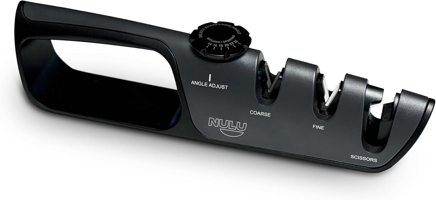 NULU Adjustable Knife Sharpener - Manual Knife Sharpener with Angle Control for Nulu & Traditional Knives, Ergonomic Design, Triple Sharpening System for Professional Results