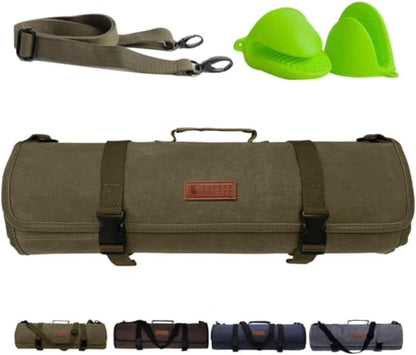 Chef Knife Roll Bag – 12oz Water-Resistant Waxed Canvas – Heavy-Duty Portable Knife Case with 11 Slots for Cleavers, Carving Knives & Chef Tools – Bonus Oven Mitts Included (Army Green)