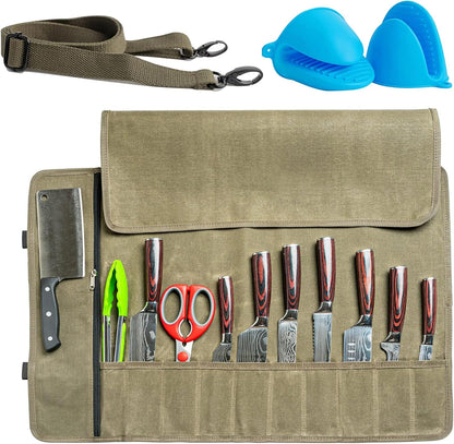 Chef Knife Roll Bag – 12oz Water-Resistant Waxed Canvas – Heavy-Duty Portable Knife Case with 11 Slots for Cleavers, Carving Knives & Chef Tools – Bonus Oven Mitts Included (Army Green)