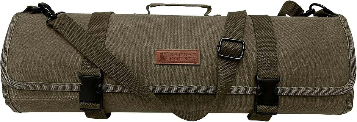 Chef Knife Roll Bag – 12oz Water-Resistant Waxed Canvas – Heavy-Duty Portable Knife Case with 11 Slots for Cleavers, Carving Knives & Chef Tools – Bonus Oven Mitts Included (Army Green)