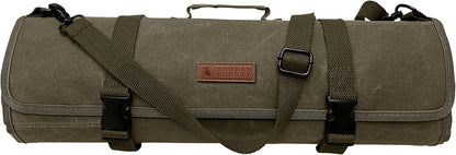 Chef Knife Roll Bag – 12oz Water-Resistant Waxed Canvas – Heavy-Duty Portable Knife Case with 11 Slots for Cleavers, Carving Knives & Chef Tools – Bonus Oven Mitts Included (Army Green)