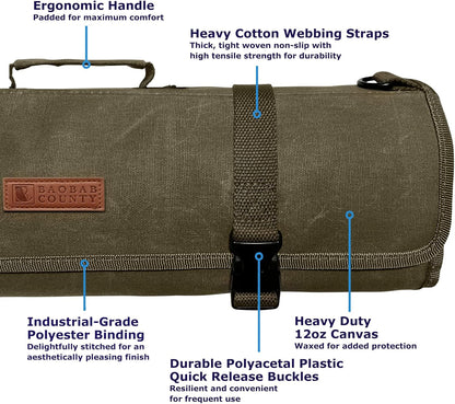 Chef Knife Roll Bag – 12oz Water-Resistant Waxed Canvas – Heavy-Duty Portable Knife Case with 11 Slots for Cleavers, Carving Knives & Chef Tools – Bonus Oven Mitts Included (Army Green)