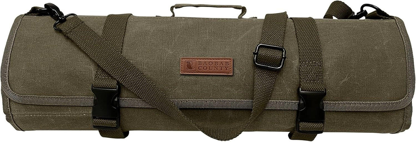 Chef Knife Roll Bag – 12oz Water-Resistant Waxed Canvas – Heavy-Duty Portable Knife Case with 11 Slots for Cleavers, Carving Knives & Chef Tools – Bonus Oven Mitts Included (Army Green)