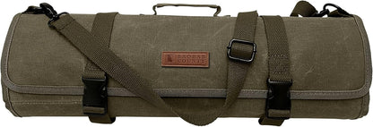 Chef Knife Roll Bag – 12oz Water-Resistant Waxed Canvas – Heavy-Duty Portable Knife Case with 11 Slots for Cleavers, Carving Knives & Chef Tools – Bonus Oven Mitts Included (Army Green)