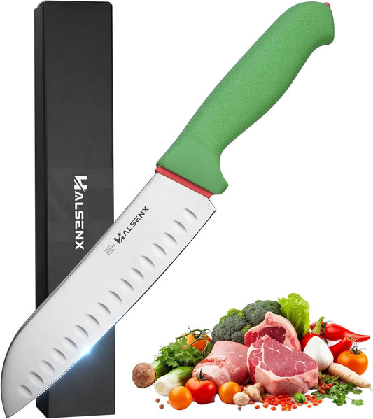 7" Santoku Knife, High Carbon Stainless Steel Kitchen Knife(Green) | High-carbon steel stays sharp, Fluted edge, no sticking, Green soft-grip handle, Cuts veggies, meat, dices, Rust-proof.