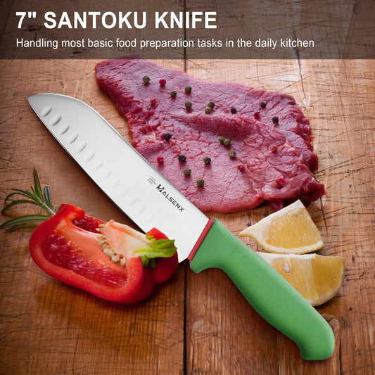 7" Santoku Knife, High Carbon Stainless Steel Kitchen Knife(Green) | High-carbon steel stays sharp, Fluted edge, no sticking, Green soft-grip handle, Cuts veggies, meat, dices, Rust-proof.