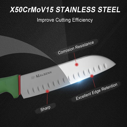 7" Santoku Knife, High Carbon Stainless Steel Kitchen Knife(Green) | High-carbon steel stays sharp, Fluted edge, no sticking, Green soft-grip handle, Cuts veggies, meat, dices, Rust-proof.