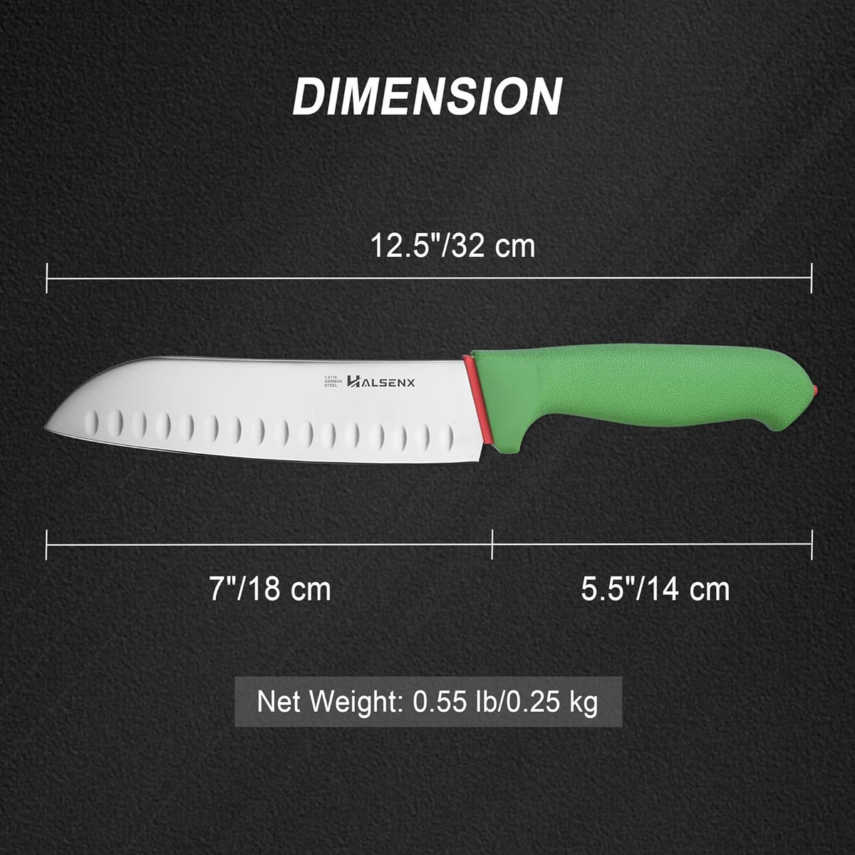 7" Santoku Knife, High Carbon Stainless Steel Kitchen Knife(Green) | High-carbon steel stays sharp, Fluted edge, no sticking, Green soft-grip handle, Cuts veggies, meat, dices, Rust-proof.