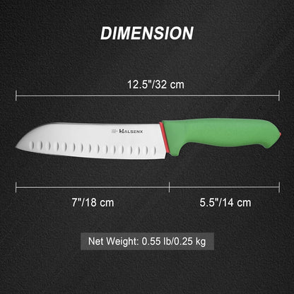7" Santoku Knife, High Carbon Stainless Steel Kitchen Knife(Green) | High-carbon steel stays sharp, Fluted edge, no sticking, Green soft-grip handle, Cuts veggies, meat, dices, Rust-proof.