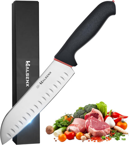 7" Santoku Knife, High Carbon Stainless Steel Kitchen Knife(Green) | High-carbon steel stays sharp, Fluted edge, no sticking, Green soft-grip handle, Cuts veggies, meat, dices, Rust-proof.