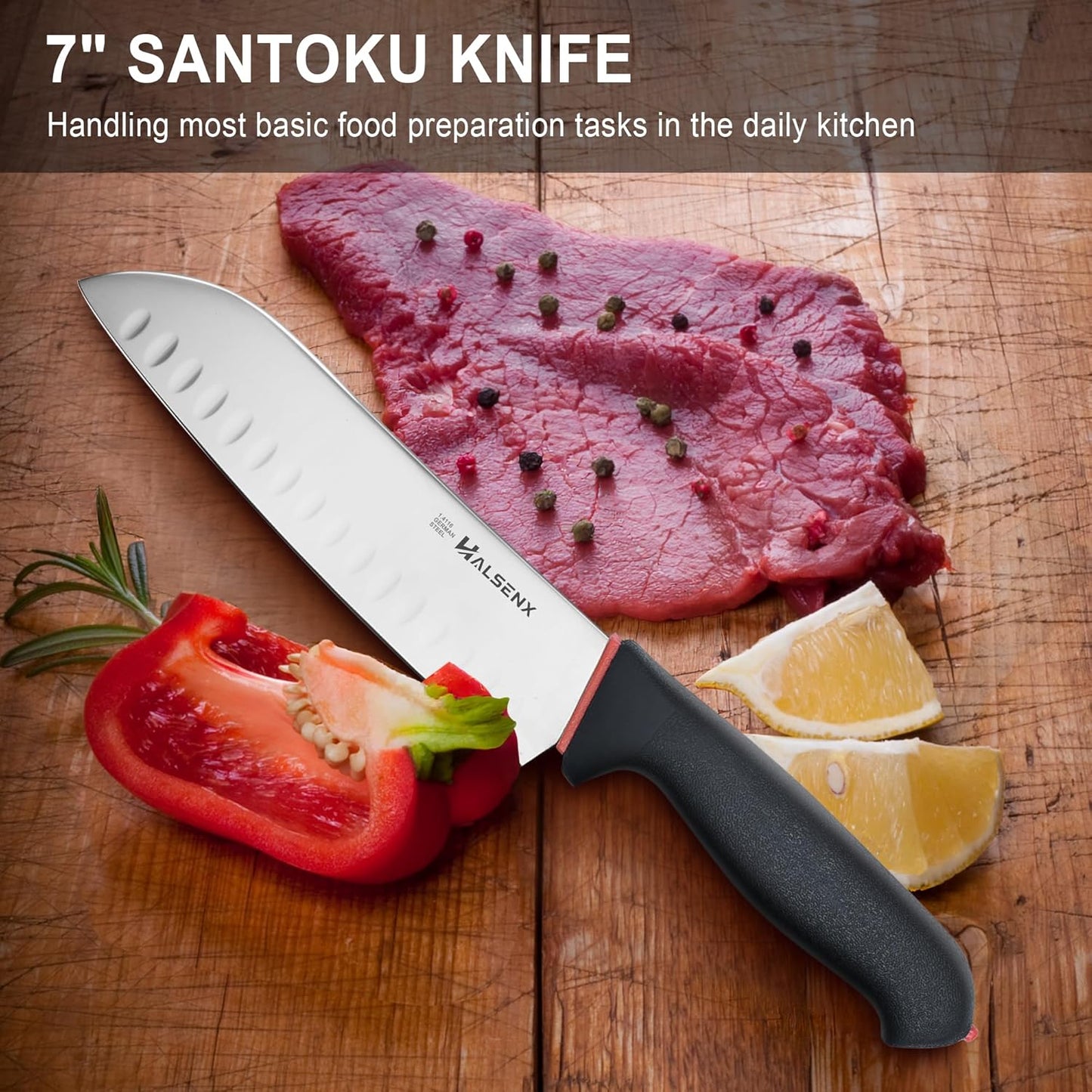 7" Santoku Knife, High Carbon Stainless Steel Kitchen Knife(Green) | High-carbon steel stays sharp, Fluted edge, no sticking, Green soft-grip handle, Cuts veggies, meat, dices, Rust-proof.