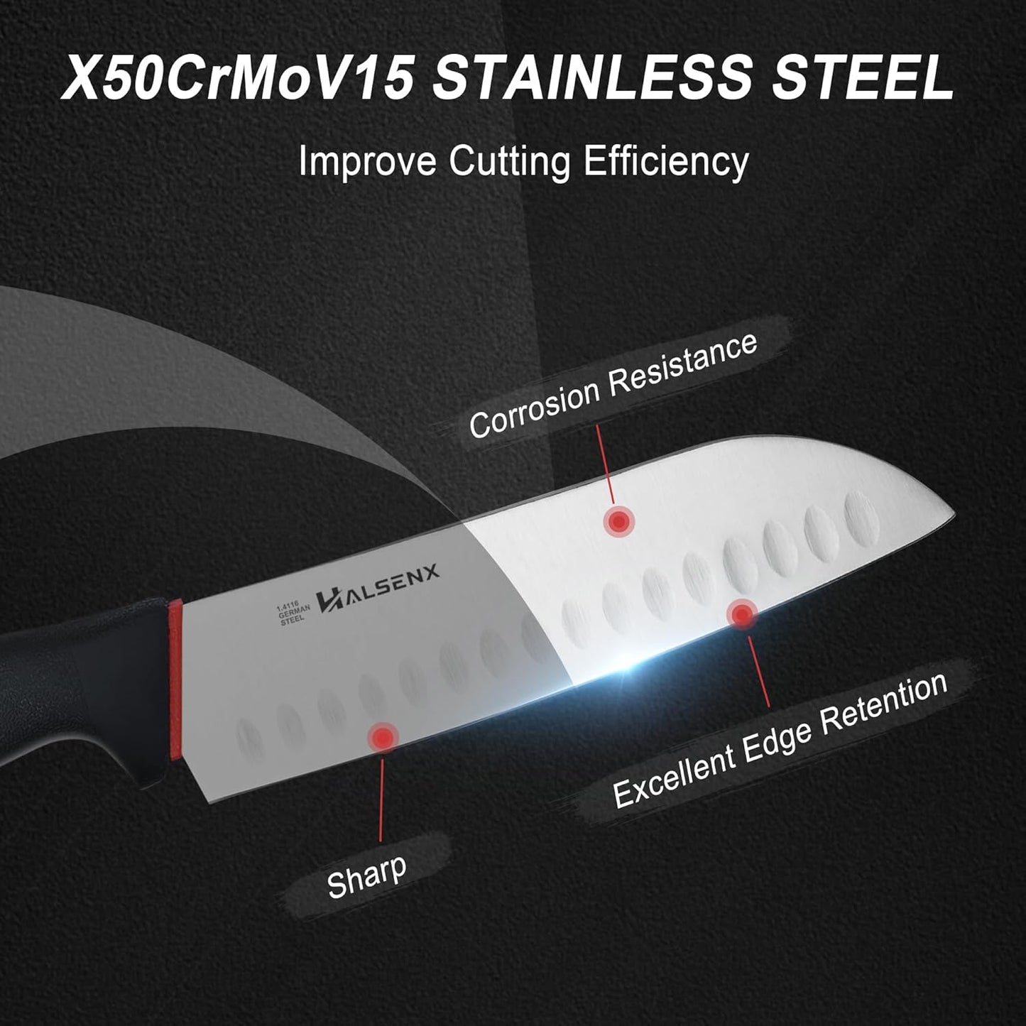 7" Santoku Knife, High Carbon Stainless Steel Kitchen Knife(Green) | High-carbon steel stays sharp, Fluted edge, no sticking, Green soft-grip handle, Cuts veggies, meat, dices, Rust-proof.