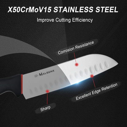 7" Santoku Knife, High Carbon Stainless Steel Kitchen Knife(Green) | High-carbon steel stays sharp, Fluted edge, no sticking, Green soft-grip handle, Cuts veggies, meat, dices, Rust-proof.