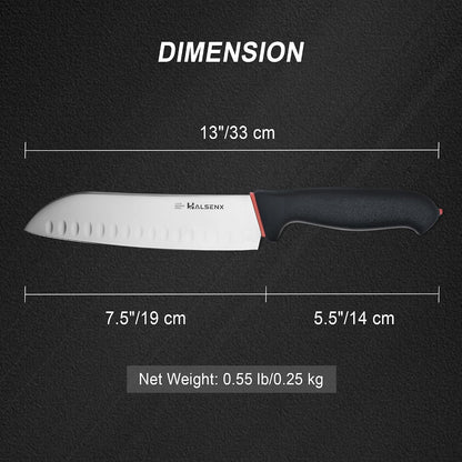7" Santoku Knife, High Carbon Stainless Steel Kitchen Knife(Green) | High-carbon steel stays sharp, Fluted edge, no sticking, Green soft-grip handle, Cuts veggies, meat, dices, Rust-proof.
