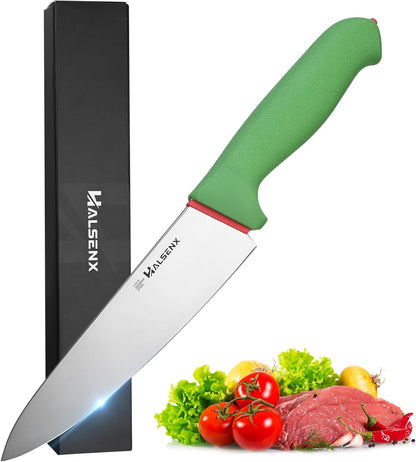 7" Santoku Knife, High Carbon Stainless Steel Kitchen Knife(Green) | High-carbon steel stays sharp, Fluted edge, no sticking, Green soft-grip handle, Cuts veggies, meat, dices, Rust-proof.