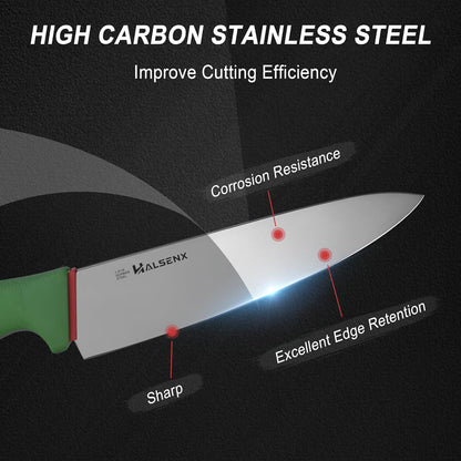7" Santoku Knife, High Carbon Stainless Steel Kitchen Knife(Green) | High-carbon steel stays sharp, Fluted edge, no sticking, Green soft-grip handle, Cuts veggies, meat, dices, Rust-proof.