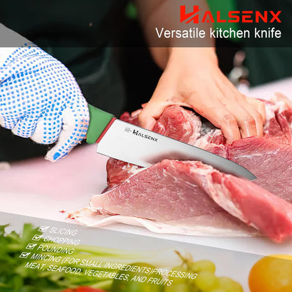 7" Santoku Knife, High Carbon Stainless Steel Kitchen Knife(Green) | High-carbon steel stays sharp, Fluted edge, no sticking, Green soft-grip handle, Cuts veggies, meat, dices, Rust-proof.