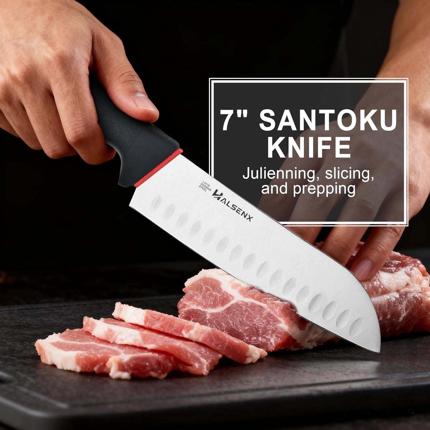 7" Santoku Knife, High Carbon Stainless Steel Kitchen Knife(Green) | High-carbon steel stays sharp, Fluted edge, no sticking, Green soft-grip handle, Cuts veggies, meat, dices, Rust-proof.