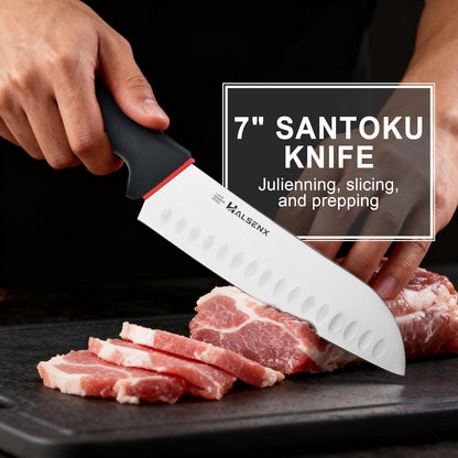 7" Santoku Knife, High Carbon Stainless Steel Kitchen Knife(Green) | High-carbon steel stays sharp, Fluted edge, no sticking, Green soft-grip handle, Cuts veggies, meat, dices, Rust-proof.