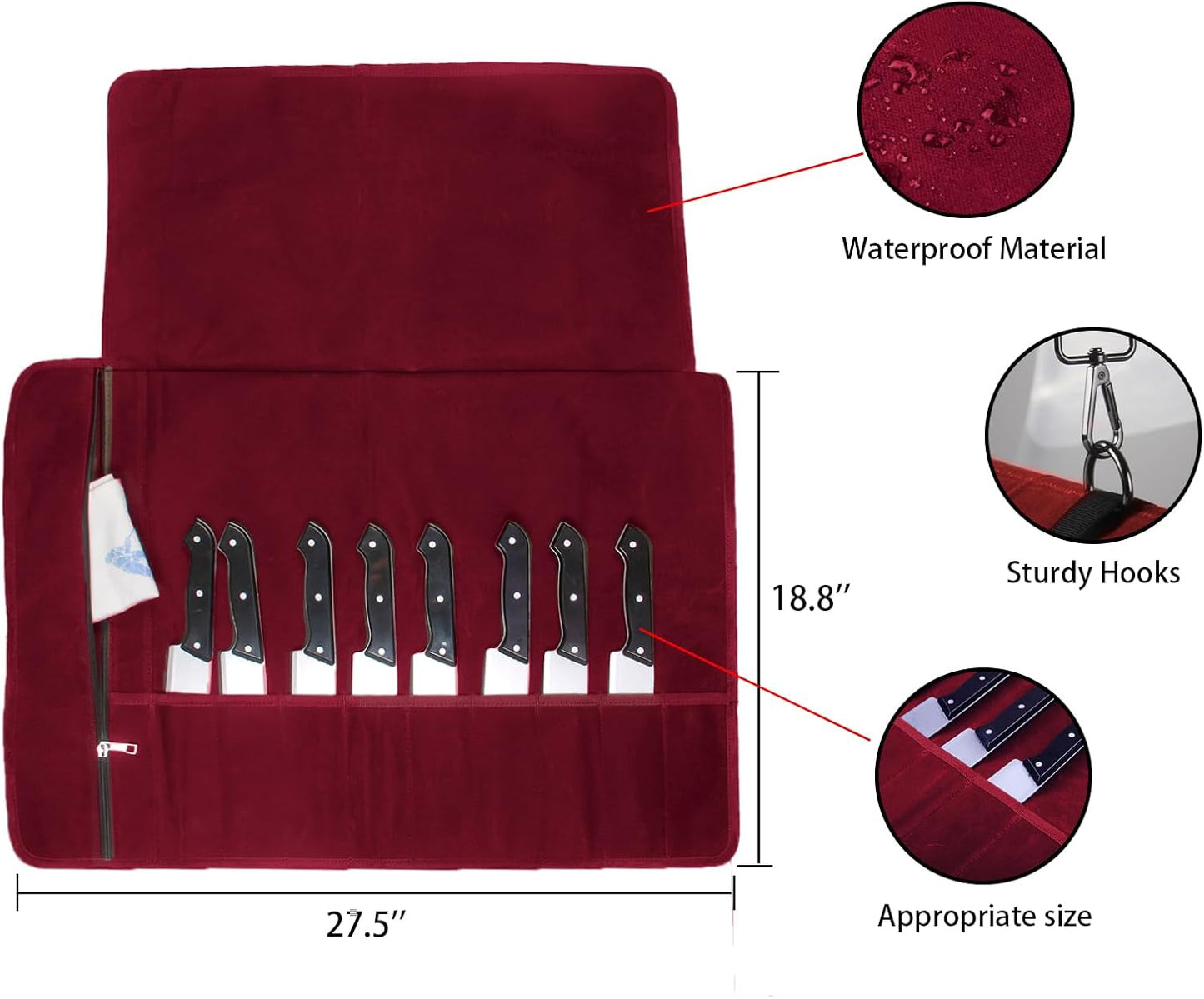 Chef Knife Roll Bag,Waxed Canvas Knife roll bag,Portable 10 Slots Chef Knife case with 1 Zipper Pockets,Heavy Duty Knives Roll Bags for Chef Case for Camping and Hold Home Kitchen Knife Tools Up (Red)