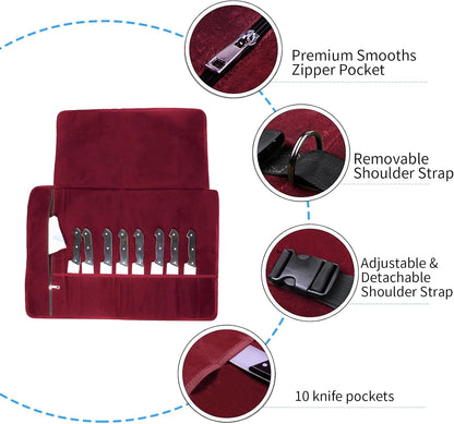 Chef Knife Roll Bag,Waxed Canvas Knife roll bag,Portable 10 Slots Chef Knife case with 1 Zipper Pockets,Heavy Duty Knives Roll Bags for Chef Case for Camping and Hold Home Kitchen Knife Tools Up (Red)