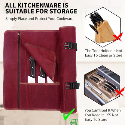 Chef Knife Roll Bag,Waxed Canvas Knife roll bag,Portable 10 Slots Chef Knife case with 1 Zipper Pockets,Heavy Duty Knives Roll Bags for Chef Case for Camping and Hold Home Kitchen Knife Tools Up (Red)