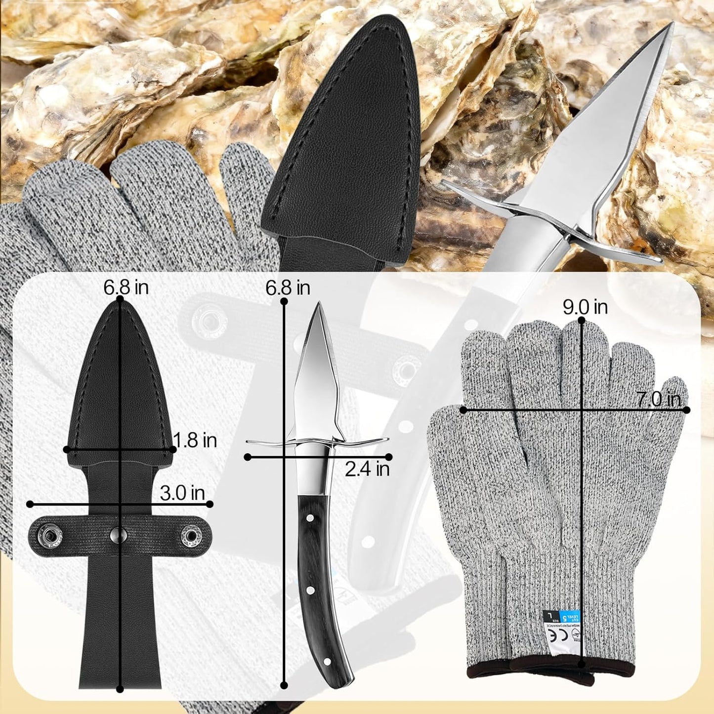 Professional Oyster Shucking Knife, 2CR13 Stainless Steel Oyster Knife, Sturdy Sharpness Opener for All Kinds of Shells, and Level 5 Cut Resistant Glove (XL)
